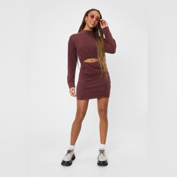 Nasty Gal Cut Out Fitted Sweatshirt Dress Size 2 Chocolate - Picture 1 of 16